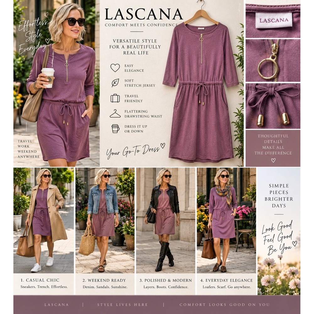 LASCANA Mauve Jersey Dress Gold Ring Zip Drawstring Waist Pocket 3/4 Sleeve